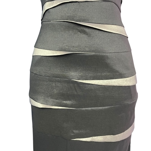 Cache One-Shoulder Striped Dress 8 bow taupe black short body on - Picture 9 of 11